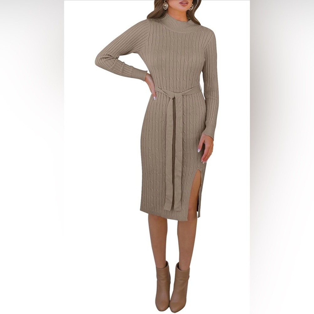 NWT MEROKEETY Women Cable Knit Sweater Dress Long Sleeve Slit Midi Bodycon Large